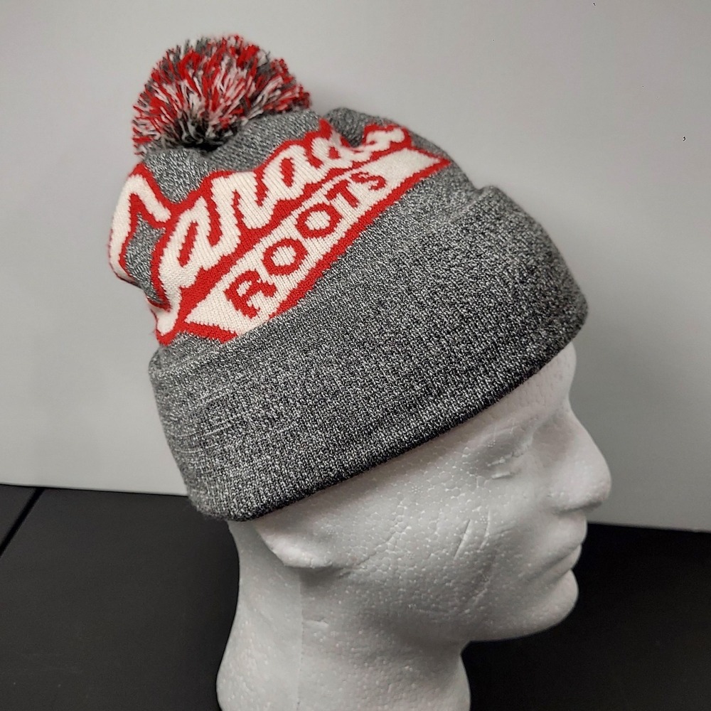 Roots Canada Hat Beanie Knit Pom Mens One Size Gray Canada Logo Winter